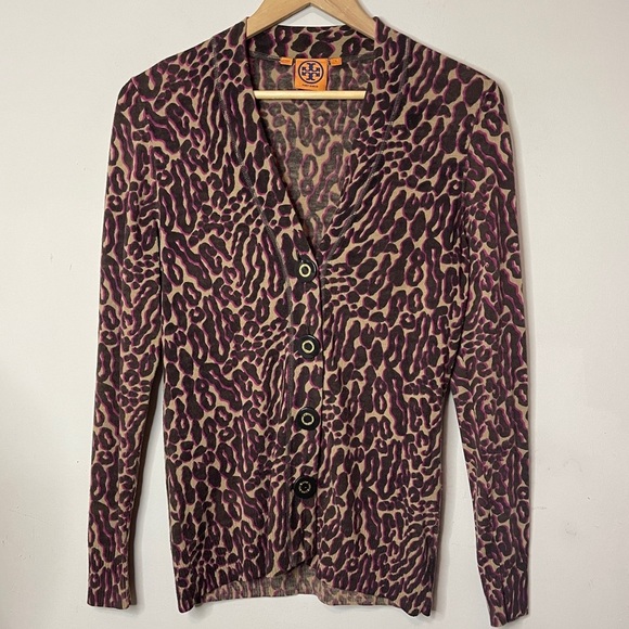 TORY BURCH Lightweight Merino Wool Leopard Print Button-Up Cardigan, Small - Picture 3 of 11
